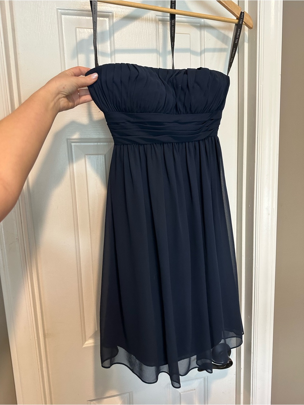 Bill Levkoff Navy Strapless Chiffon Cocktail Dress